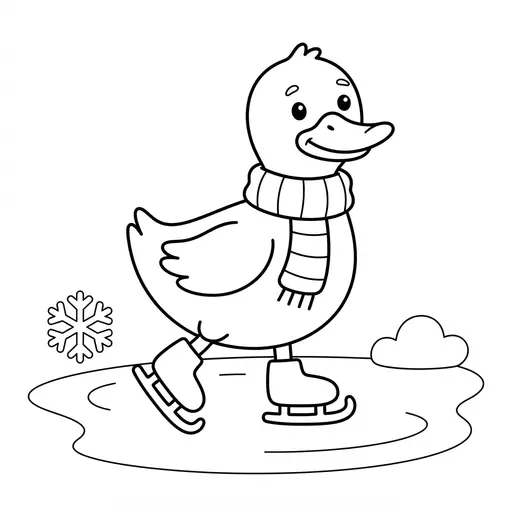 Easy Duck Coloring Page — Wearing a Scarf Skating on Ice