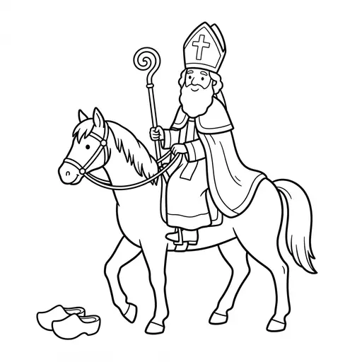 Sinterklaa Coloring Page — Riding a Horse With Wooden Shoes