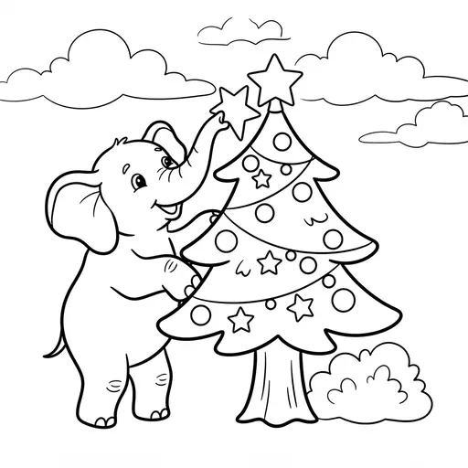 Elephant Coloring Page — Decorating a Christmas Tree