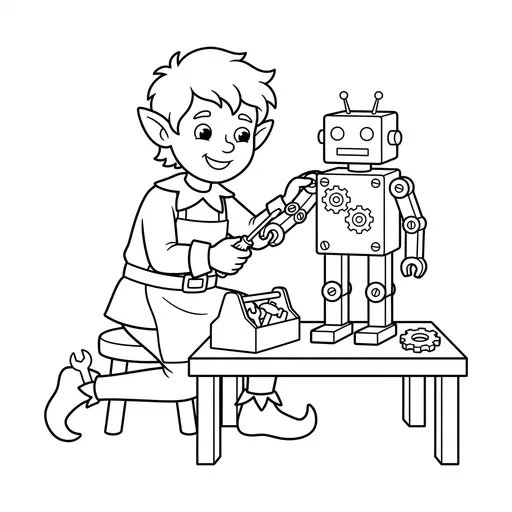 Elf Coloring Page — Building a Toy Robot