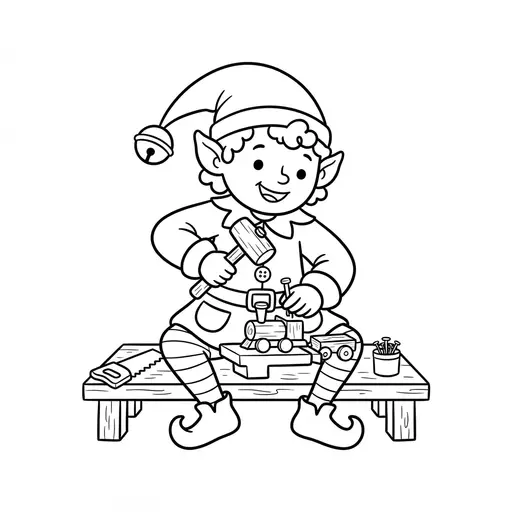 Elf Coloring Page — Making a Wooden Toy
