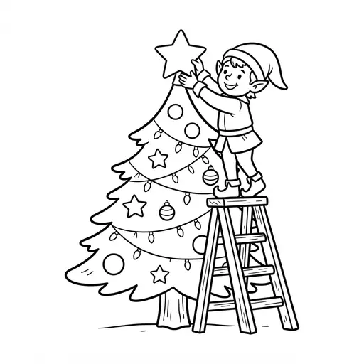 Elf Coloring Page — Hanging a Star on a Tree