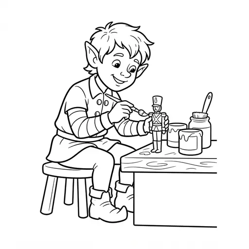 Elf Coloring Page — Painting a Toy Soldier