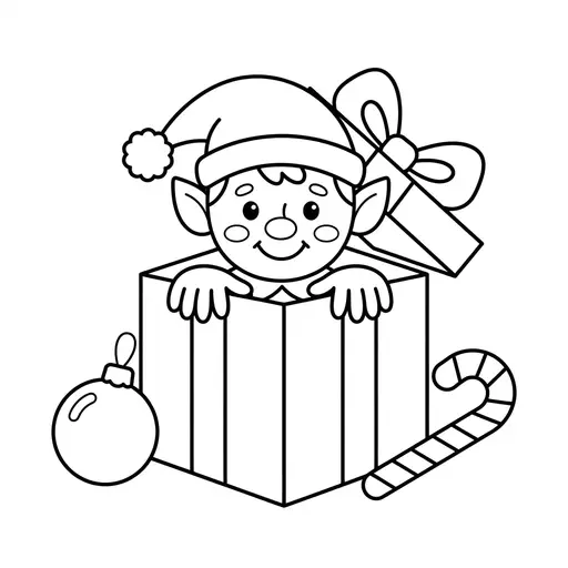 Easy Elf Coloring Page — Peeking Out of a Gift Box
