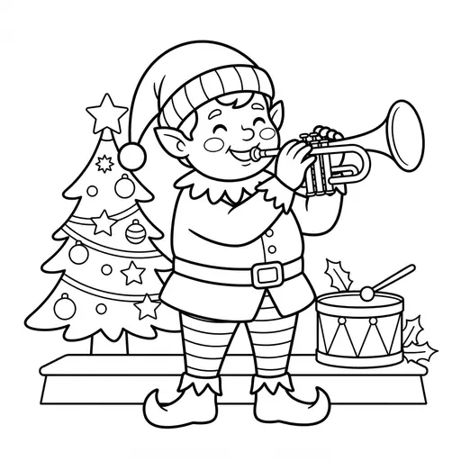 Elf Coloring Page — Playing a Trumpet