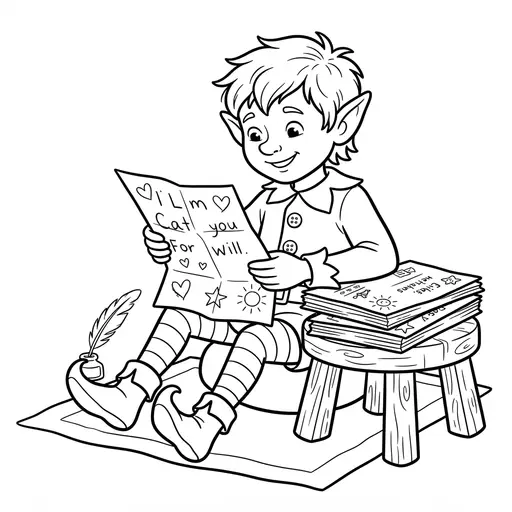 Elf Coloring Page — Reading Letters from Children