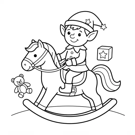 Easy Elf Coloring Page — Riding a Wooden Rocking Horse