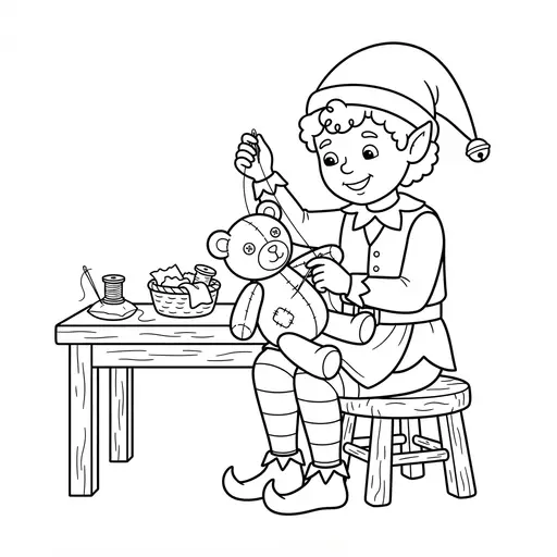 Elf Coloring Page — Sewing a Teddy Bear