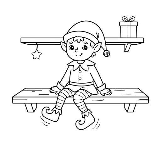 Easy Elf Coloring Page — Sitting on a Shelf