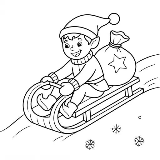 Elf Coloring Page — Sledding with a Sack of Presents