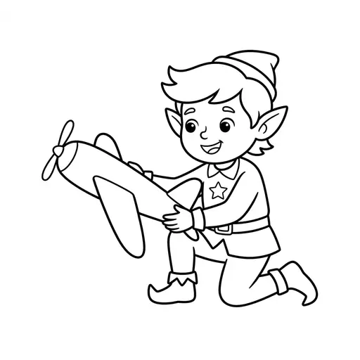 Elf Coloring Page — Testing a Toy Airplane