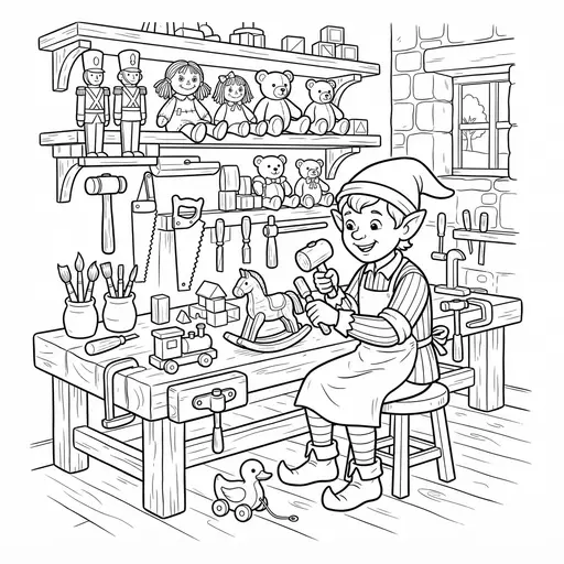 Elf Coloring Page for Adults — At Work Bench with Toys
