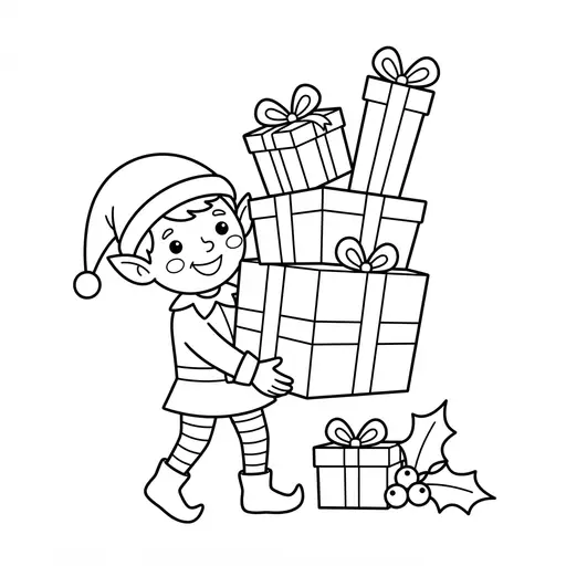 Easy Elf Coloring Page — Carrying a Stack of Presents