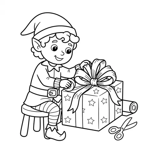 Elf Coloring Page — Wrapping a Present with a Big Bow
