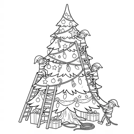 Elf Coloring Page for Adults — Decorating Enormous Christmas Tree with Ladders