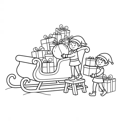Elf Coloring Page — Loading Presents into Santa Sleigh