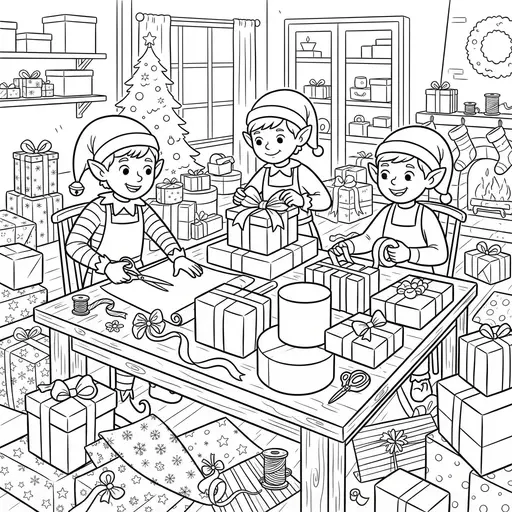 Elf Coloring Page for Adults — Wrapping Gifts Together in Workshop