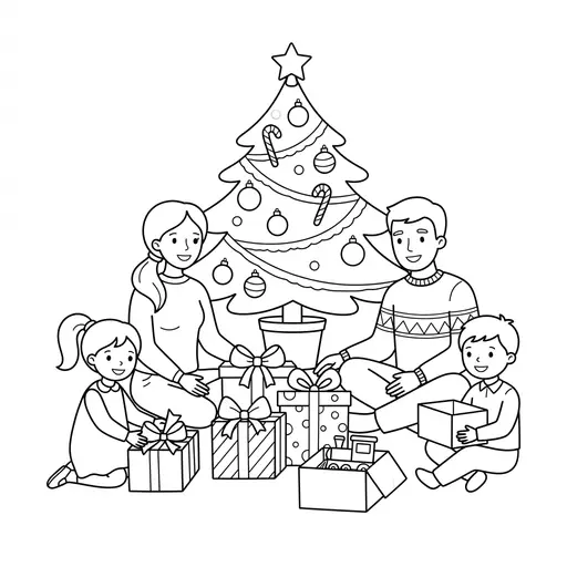 Christmas Tree Coloring Page — Opening Presents Together on Living Room Floor