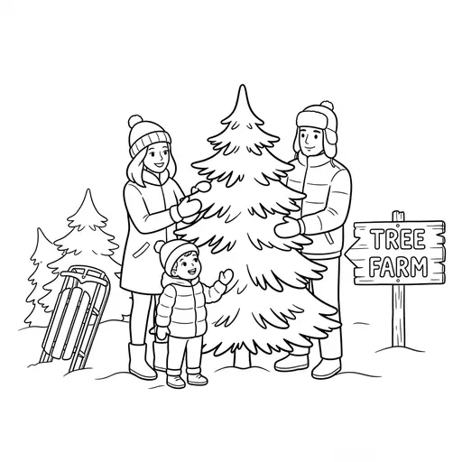Christmas Tree Coloring Page — Choosing at a Snowy Tree Farm