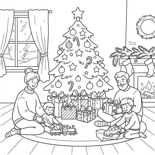 Christmas Tree Coloring Page for Adults — Morning Celebration by Cozy Fireplace
