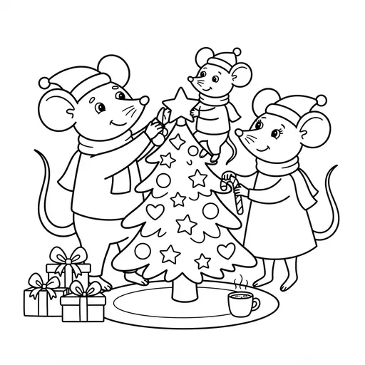 Christmas Tree Coloring Page — Decorated by a Cute Family of Mice