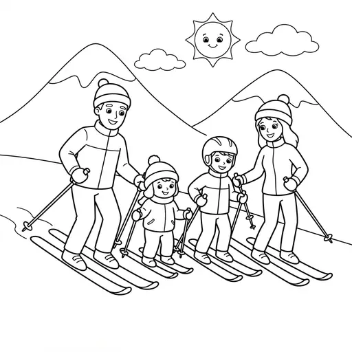 Family Skiing Coloring Page — Down a Snowy Mountain
