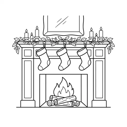 Fireplace Coloring Page — Decorated With Stockings and Candles