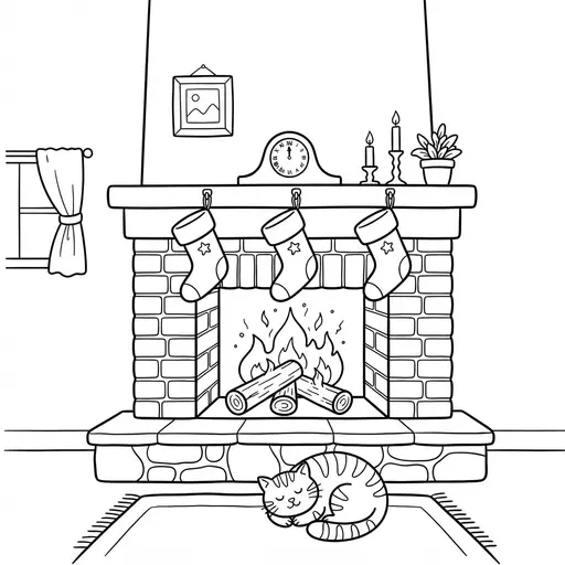 Fireplace Coloring Page for Adults — With Stockings and Sleeping Cat