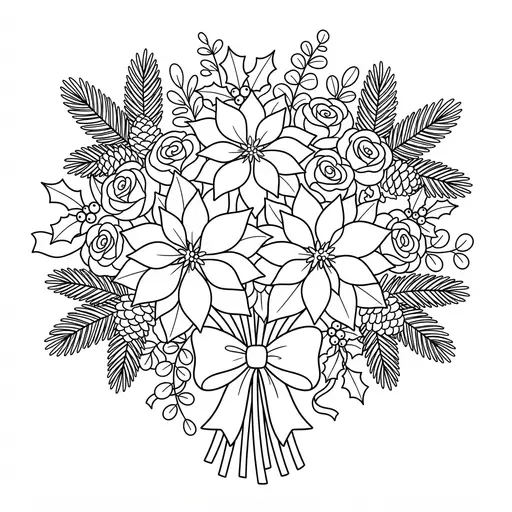 Poinsettia Coloring Page for Adults — Bouquet With Roses and Pinecones
