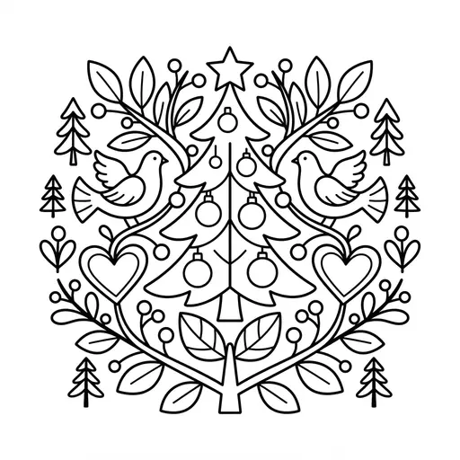 Christmas Tree Coloring Page for Adults — Folk Art Design With Birds and Hearts