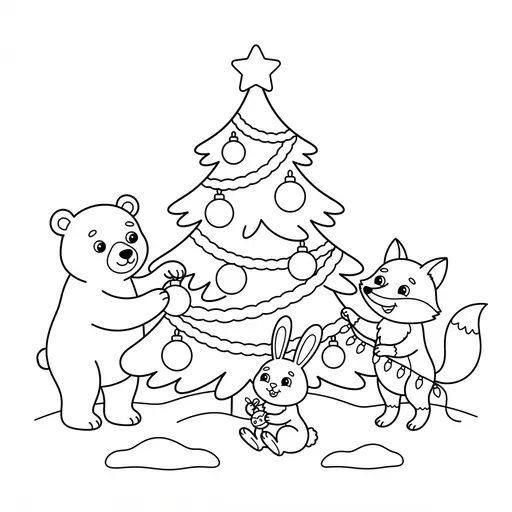 Christmas Tree Coloring Page — Decorated by Forest Animals in Snow