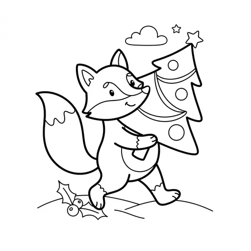 Fox Coloring Page — Carrying a Small Christmas Tree