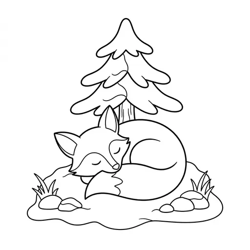 Fox Coloring Page — Sleeping Under a Snowy Pine Tree