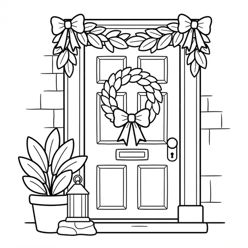 Wreath Coloring Page — Decorated Holiday Front Door with Garland