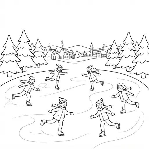 Ice Skating Coloring Page for Adults — On a Frozen Lake with Pine Trees
