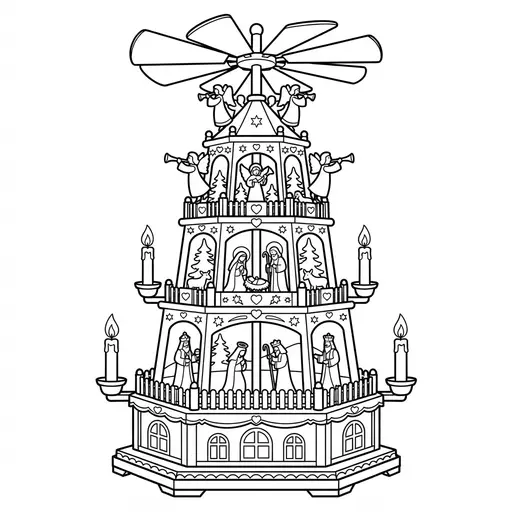 Christmas Pyramid Coloring Page for Adults — With Spinning Angels and Candles