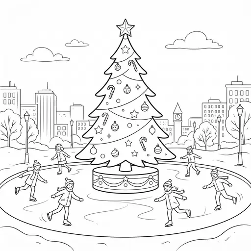 Christmas Tree Coloring Page for Adults — In a City Plaza With Skaters