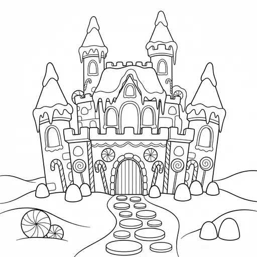 Gingerbread House Coloring Page for Adults — Castle With Turrets and Candy Walls