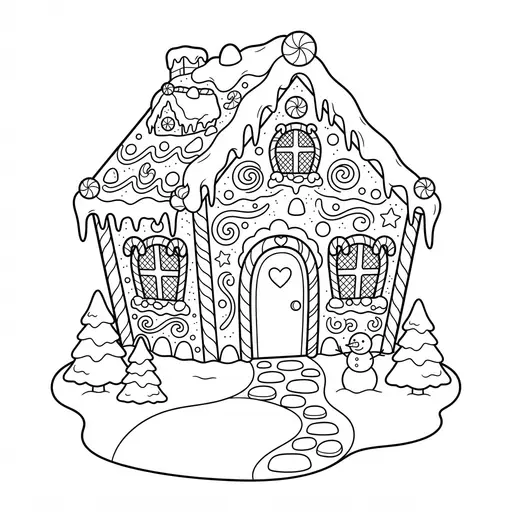 Gingerbread House Coloring Page for Adults — With Snow Path and Trees