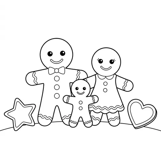 Easy Gingerbread Man Coloring Page — Family With Star and Heart Cookies