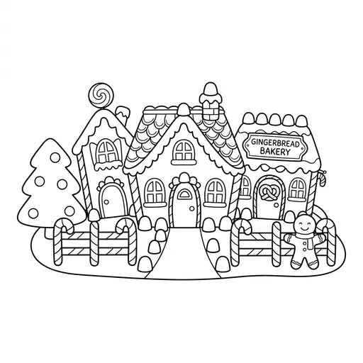 Gingerbread House Coloring Page — Village With Candy Cane Fences