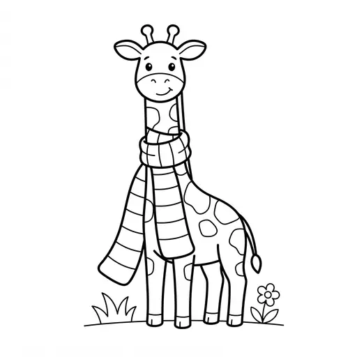 Easy Giraffe Coloring Page — Wearing a Long Striped Scarf