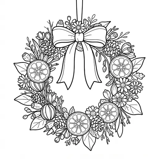 Wreath Coloring Page for Adults — Dried Flowers and Oranges