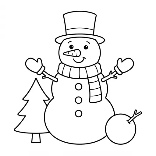 Easy Snowman Coloring Page — With Top Hat and Scarf
