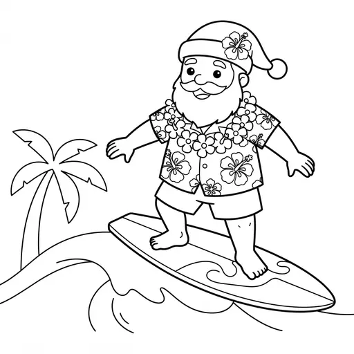 Easy Santa Coloring Page — Surfing on a Wave with a Lei