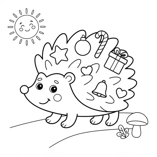 Easy Hedgehog Coloring Page — Decorated with Christmas Ornaments