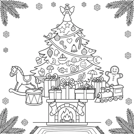 Christmas Tree Coloring Page for Adults — Hidden Objects in a Festive Room