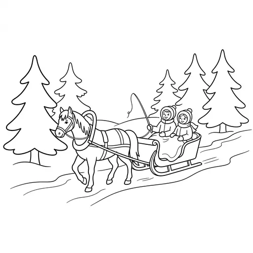 Sleigh Coloring Page — Riding Through a Snowy Forest