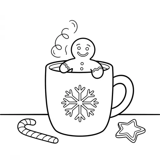 Gingerbread Man Coloring Page — Peeking Out of a Cocoa Mug