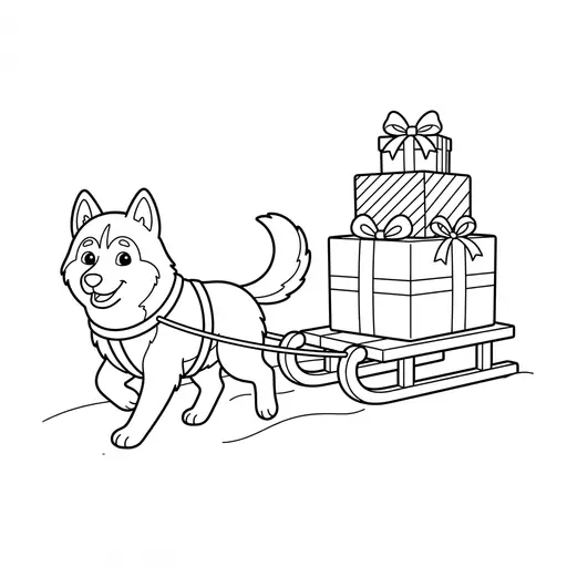 Husky Coloring Page — Pulling a Sled With Presents